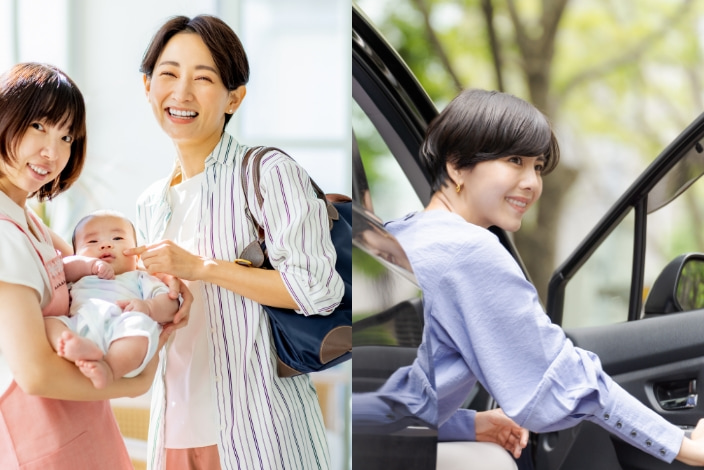 子育ての様子と車に乗る女性