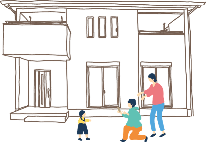 家の前で遊ぶ家族のイラスト